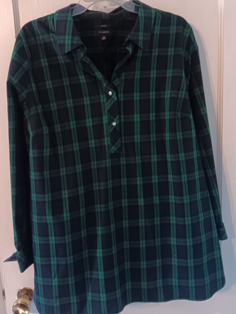 Green & Black Plaid Button Front Top | Talbots Women’s Size 18 | Cotton Stretch